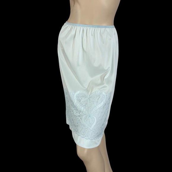 60s Vintage Pale Blue Nylon Slip‎ Skirt Heart Appliqués & Chiffon Lace | Size M - Picture 5 of 7